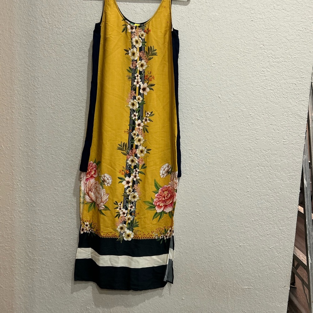 FARM Rio Yellow Midi Dress with Navy Sides Delicate Floral Stripes Small Petite - Picture 4 of 4